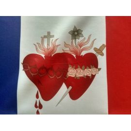 Drapeau bleu blanc rouge et les cœurs de Jésus et Marie